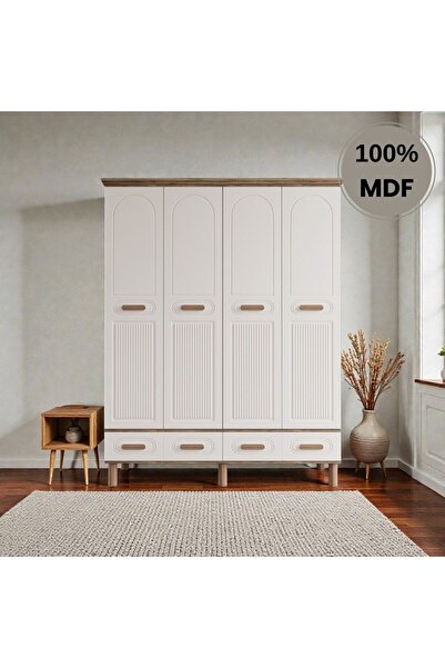 Flances Pera 4 Kapaklı MDF Çekmeceli Ayaklı Gardırop