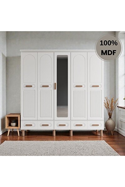 Flances Pera 5 Kapaklı MDF Çekmeceli Aynalı Ayaklı Gardırop