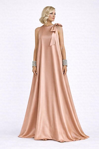 ALYEL NAKER One Shoulder Bow Detail A-Line Stylish Maxi Satin Dress