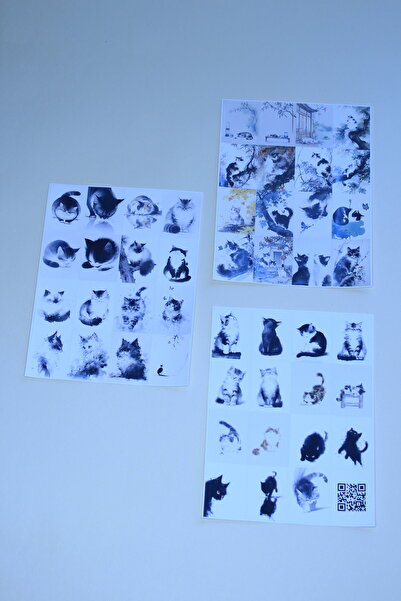 Sevimli Karikatür Kedi Çizimi Sticker Seti, Siyah-Beyaz (45 adet, kaliteli baskı)