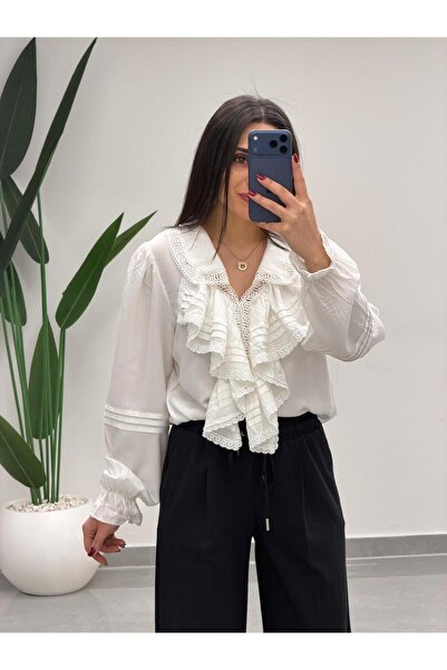 MARGA Dantel Detay Fırfırlı Gömlek Beyaz