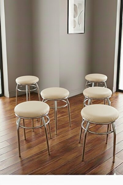 DZGN HOME 6'lı Tabure Krom Ayaklı Kumaş Kaplama - Krem