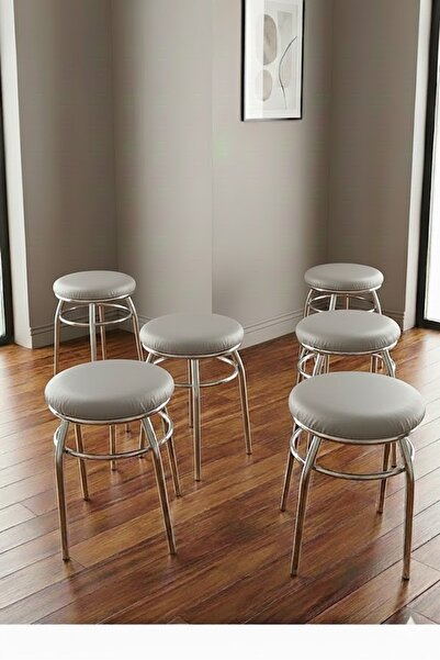 DZGN HOME 6'lı Tabure Krom Ayaklı Kumaş Kaplama - Açık Gri