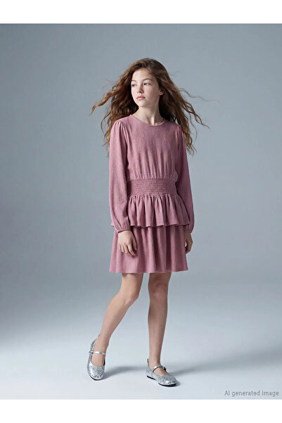 LC Waikiki LCW Kids Lila Bisiklet Yaka Fırfırlı Taş Detaylı Kız Çocuk Elbise