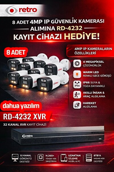 Retro (DAHUA)RD-4232 32 KANAL XVR KAYIT CİHAZI ALANA 8 ADET 4MP IP GÜVENLİK K...