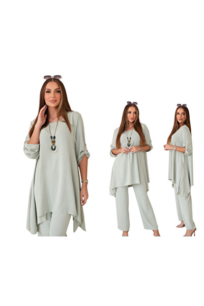 Kesi Set de damă mentă închisă cu colier: tunică și pantaloni largi