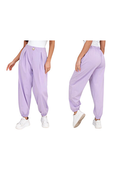 Kesi Pantaloni de damă violet deschis cu talie înaltă și nasture decorativ