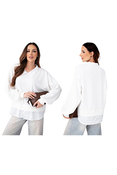 Kesi Women's white Viscose blouse with shirt insert and puff sleeves