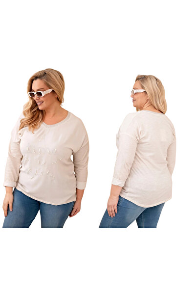 Kesi Bluză bej din bumbac, mărime plus, cu aplicație decorativă „Time to Shine”