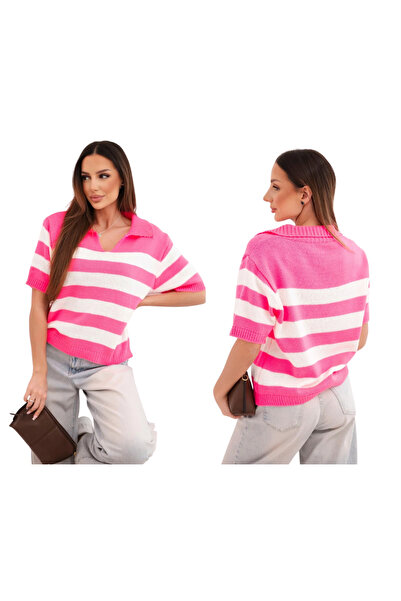 Kesi Pulover roz neon cu dungi și guler pentru femei