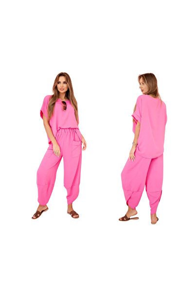 Kesi Set de damă din viscoză roz - bluză și pantaloni cu mânecă scurtă