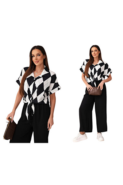 Kesi Set negru de damă din viscoză, format din bluză cămașă și pantaloni largi