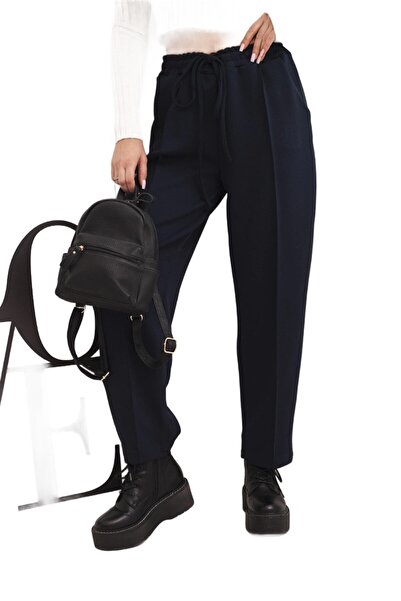 Kesi Pantaloni de damă bleumarin cu talie înaltă și legături în talie