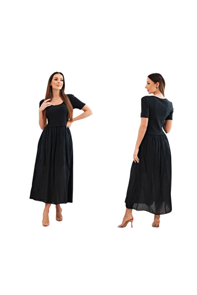 Kesi Rochie maxi neagră din bumbac pentru femei, cu fund evazat
