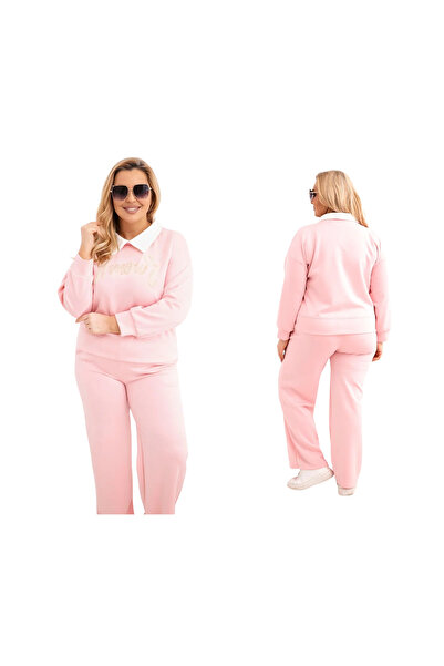 Kesi Set trening roz deschis pentru femei BUTTER Plus Size cu guler și broderie