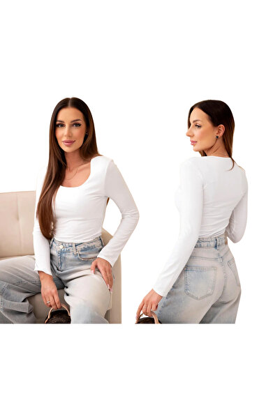 Kesi Women's white blouse, fitted, with a U-neck and long sleeves