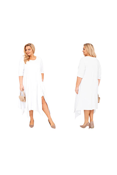 Kesi Women's white Cotton asymmetric dress, plus size, with Pocketed