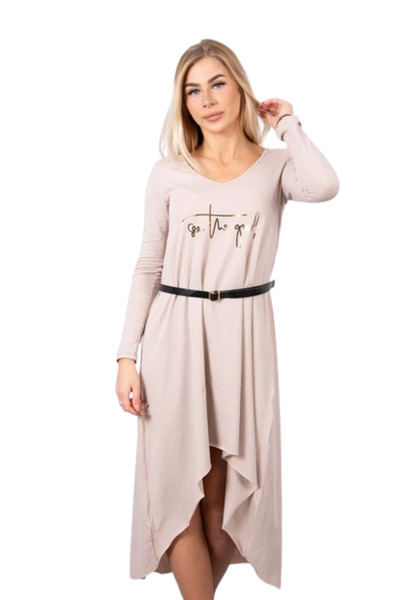 Kesi Rochie bej cu curea decorativă și inscripție