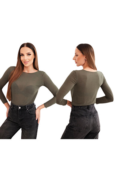 Kesi Bluză kaki din cașmir pentru femei, cu decolteu rotund și mâneci lungi