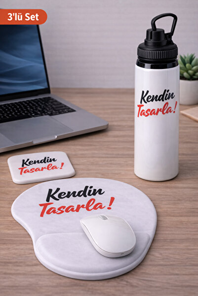 cekud tasarım baskı Kişiye Özel Ofis Seti – 800 ml Su Matarası + Ergonomik Mo...