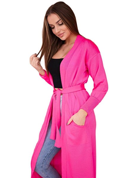 Kesi Pulover cardigan lung roz neon, legat în talie