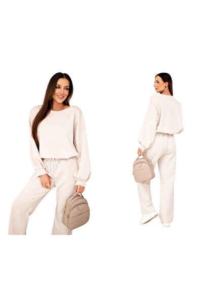 Kesi Set trening bej pentru femei din viscoză unt - hanorac și pantaloni