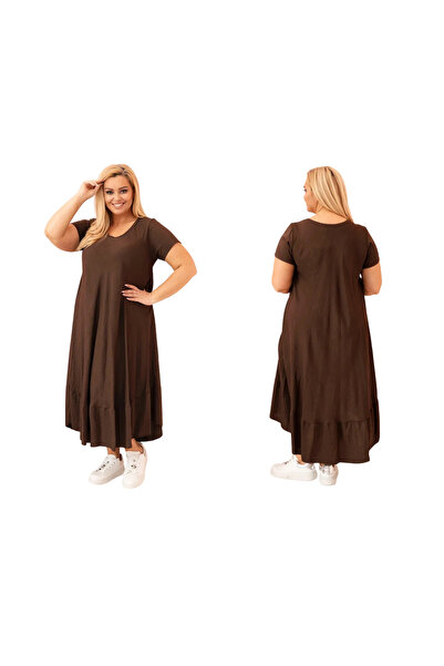 Kesi Women's plus size brown Viscose maxi dress with short sleeves