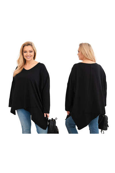 Kesi Bluză de damă neagră din bumbac, mărime plus, cu decolteu asimetric în V