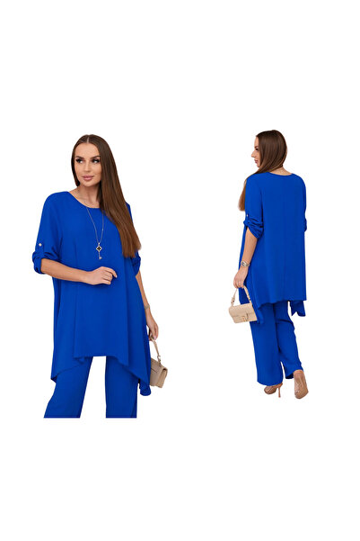 Kesi Set de damă albastru-albăstrele cu colier: tunică și pantaloni largi