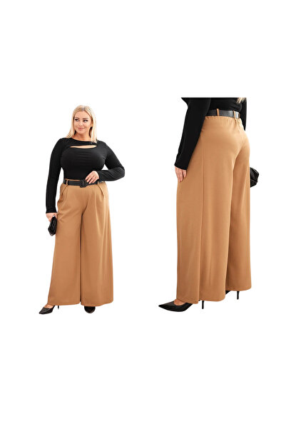 Kesi Women's wide-leg pants, plus size, camel color, with Belt