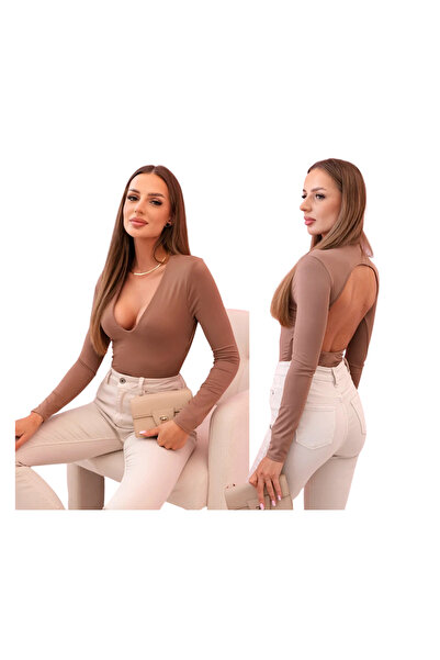 Kesi Women's camel bodysuit with long sleeves and Plunging Neckline