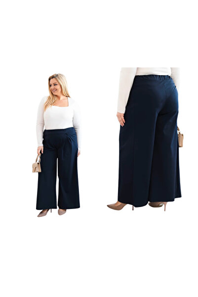 Kesi Pantaloni eleganți bleumarin pentru femei, mărime Plus, cu talie înaltă ...