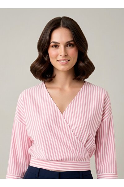 PELTEKS Çizgili Kruvaze Gömlek Bluz