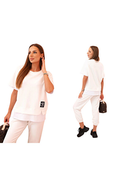 Kesi Set trening ecru pentru femei cu viscoză și garnituri contrastante