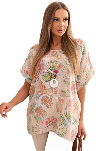 Kesi Bluză de damă din bumbac cu motiv fluture, mâneci scurte, bej