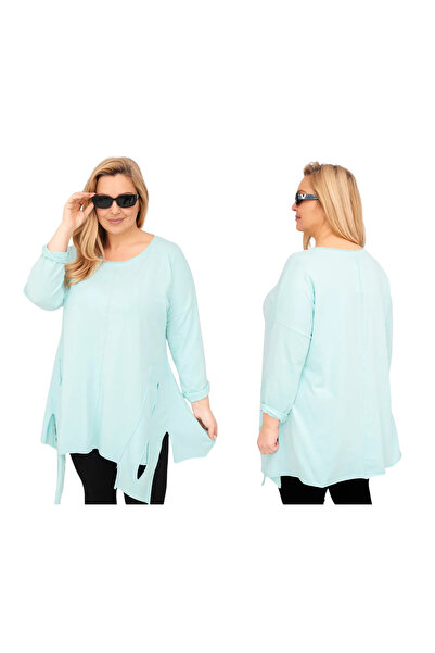 Kesi Tunică de damă din bumbac, culoare mentă, mărime Plus, asimetrică, cu ti...
