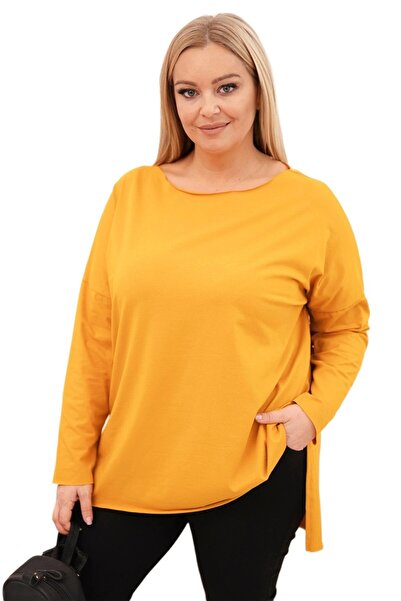 Kesi Bluză muștar cu mânecă lungă asimetrică pentru femei, mărime mare