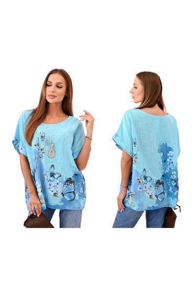 Kesi Women's oversized turquoise blouse with butterfly and flower motif and s...