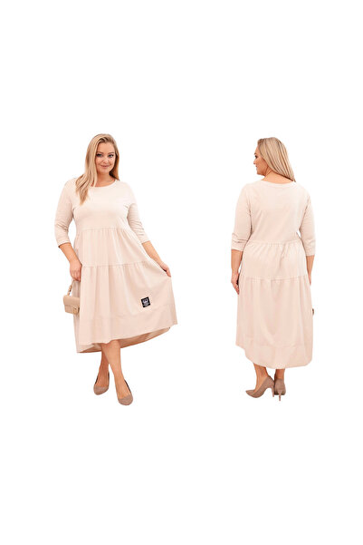 Kesi Beige women's plus size Cotton dress with flared sleeves