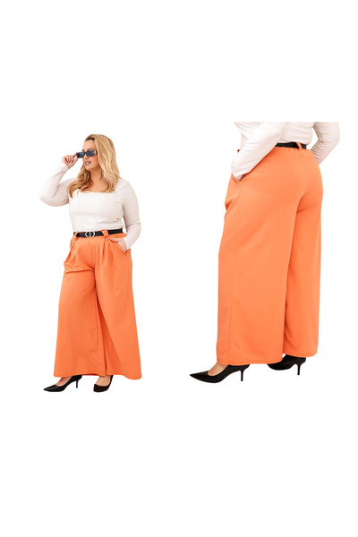 Kesi Pantaloni largi din viscoză, mărime mare, de culoare caisă, pentru femei