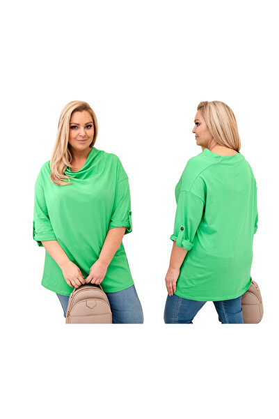 Kesi Bluză de damă verde deschis, mărime mare, cu guler drapat și mâneci 3/4