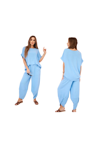 Kesi Set de damă din viscoză albastră - bluză și pantaloni cu mânecă scurtă