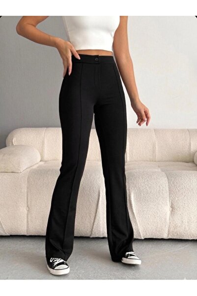 glanour Women's Black Spanish Cuff Trousers Relaxed Fit, High Waist, Shaping ...