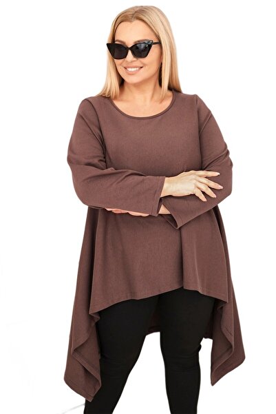 Kesi Tunică de damă din bumbac, mărime mare, cu croială asimetrică, maro