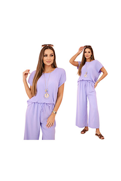 Kesi Set de damă din viscoză violet deschis | bluză plisată + pantaloni