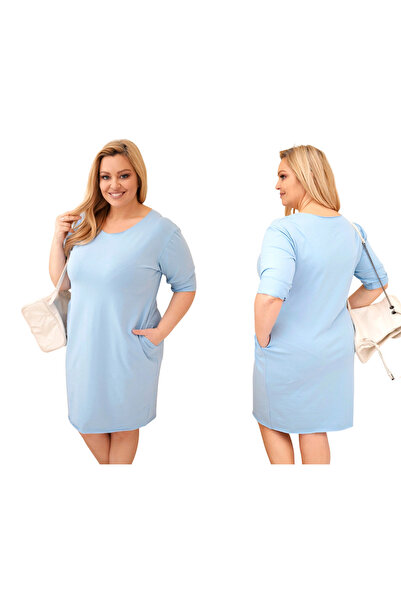 Kesi Rochie simplă albastră pentru femei, mărime mare, cu buzunare și mâneci 3/4
