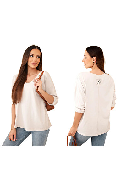 Kesi Beige Cotton blouse for women, with V-neck and 3/4 sleeves