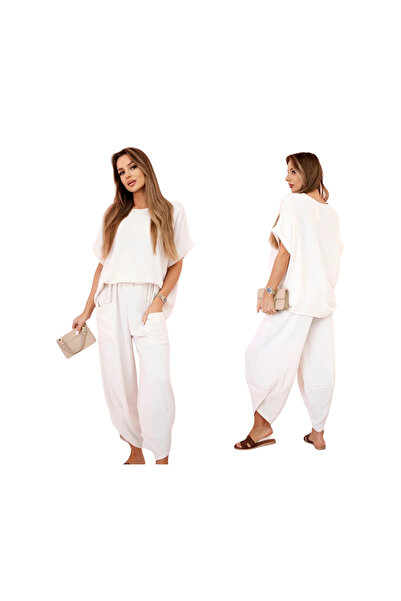 Kesi Set bej din viscoză pentru femei - bluză cu mânecă scurtă și pantaloni