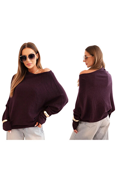 Kesi Pulover asimetric supradimensionat violet închis pentru femei, cu decolt...