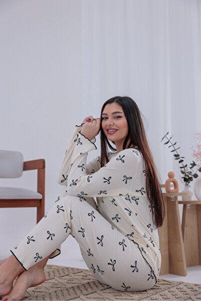 Arvin Pijama Kurdele Desenli Örme Uzun Kollu Kadın Pijama Takımı Ekru